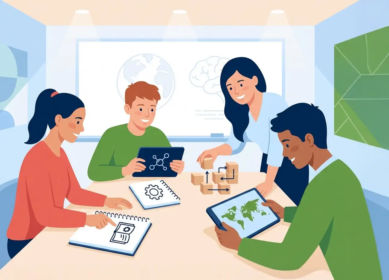 Illustrazione che mostra ragazzi mentre studiano inglese