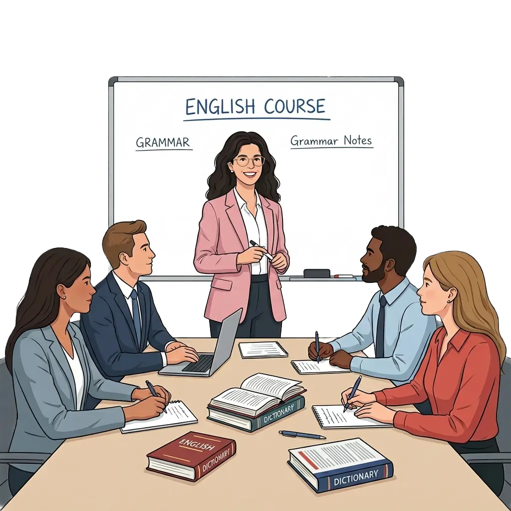 Docente in aula che tiene un corso di inglese in azienda